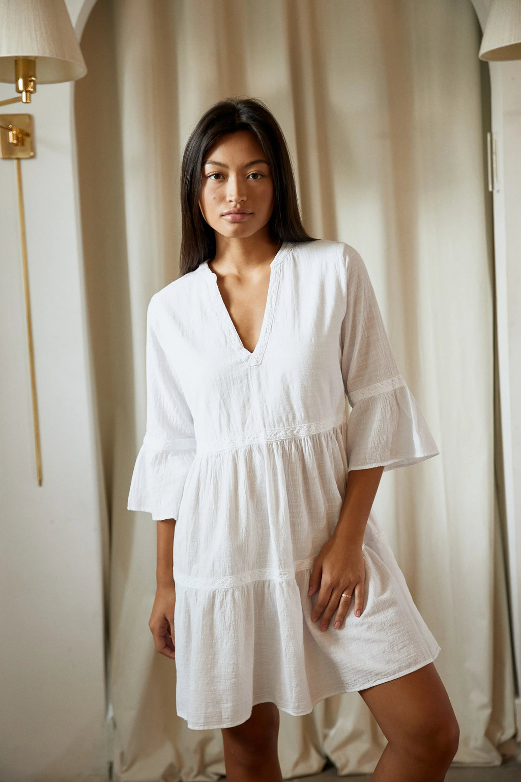 White Mini Dress with V-Neck & Ruched Detail