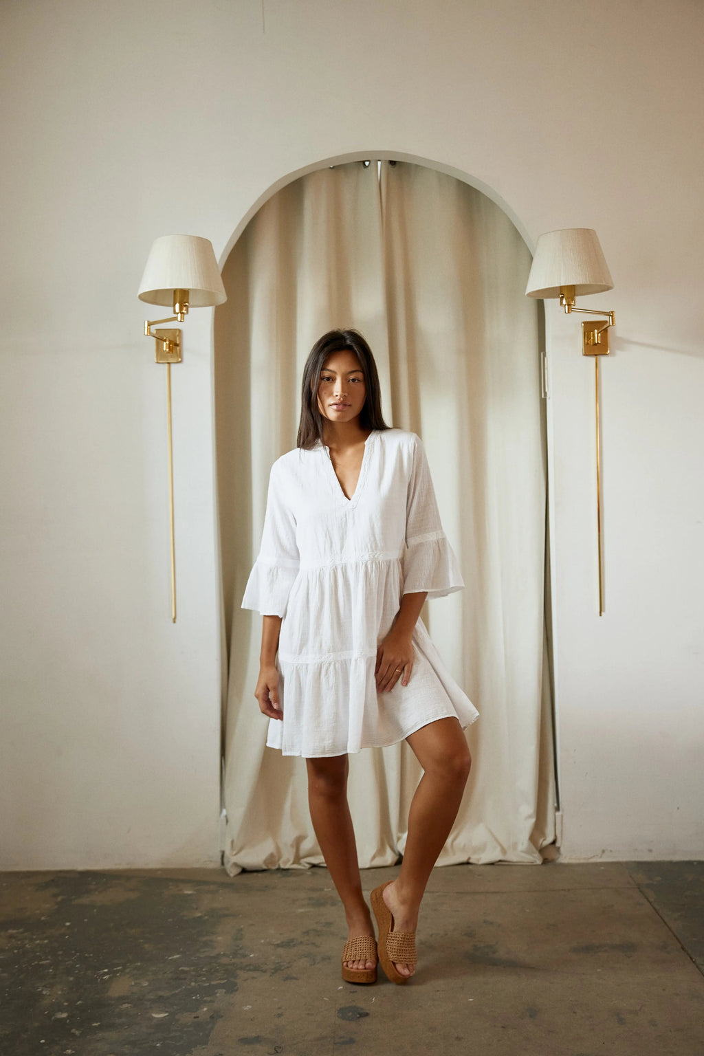 White Mini Dress with V-Neck & Ruched Detail