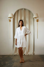 White Mini Dress with V-Neck & Ruched Detail