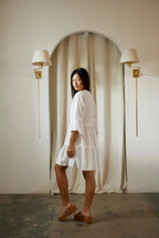 White Mini Dress with V-Neck & Ruched Detail