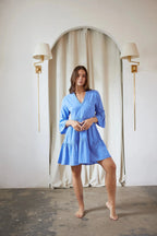 White Mini Dress with V-Neck & Ruched Detail