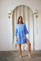 White Mini Dress with V-Neck & Ruched Detail