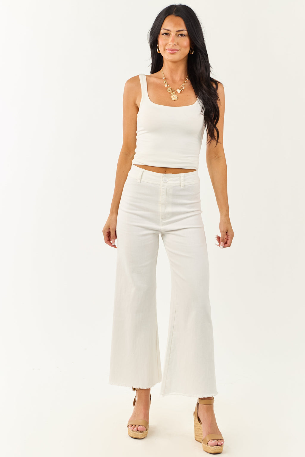 White Wide Leg Pants Women with Stretchy Denim – High Rise Design
