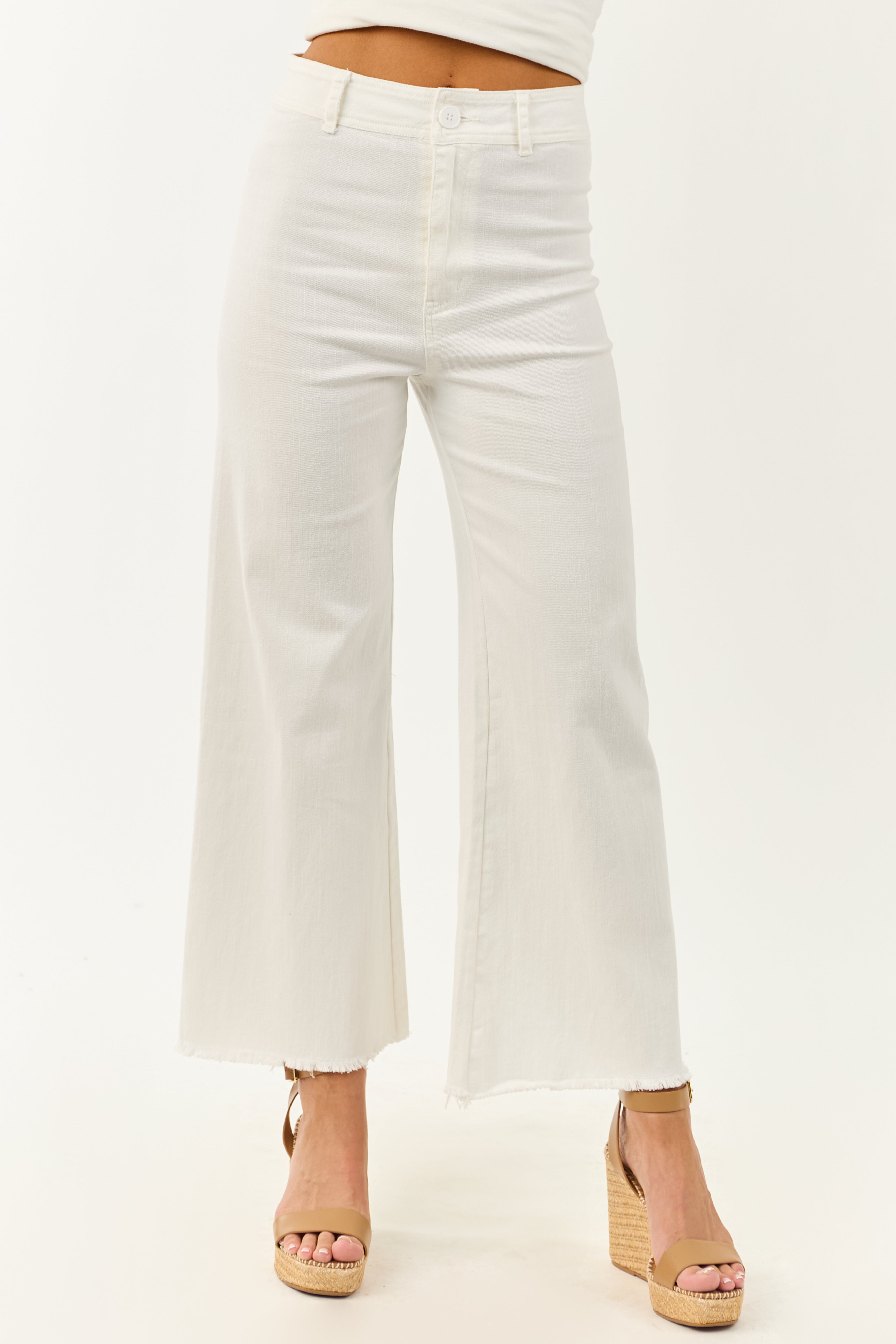 White Wide Leg Pants Women with Stretchy Denim – High Rise Design