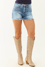 Women's Denim Shorts with Tummy Control & Frayed Hem