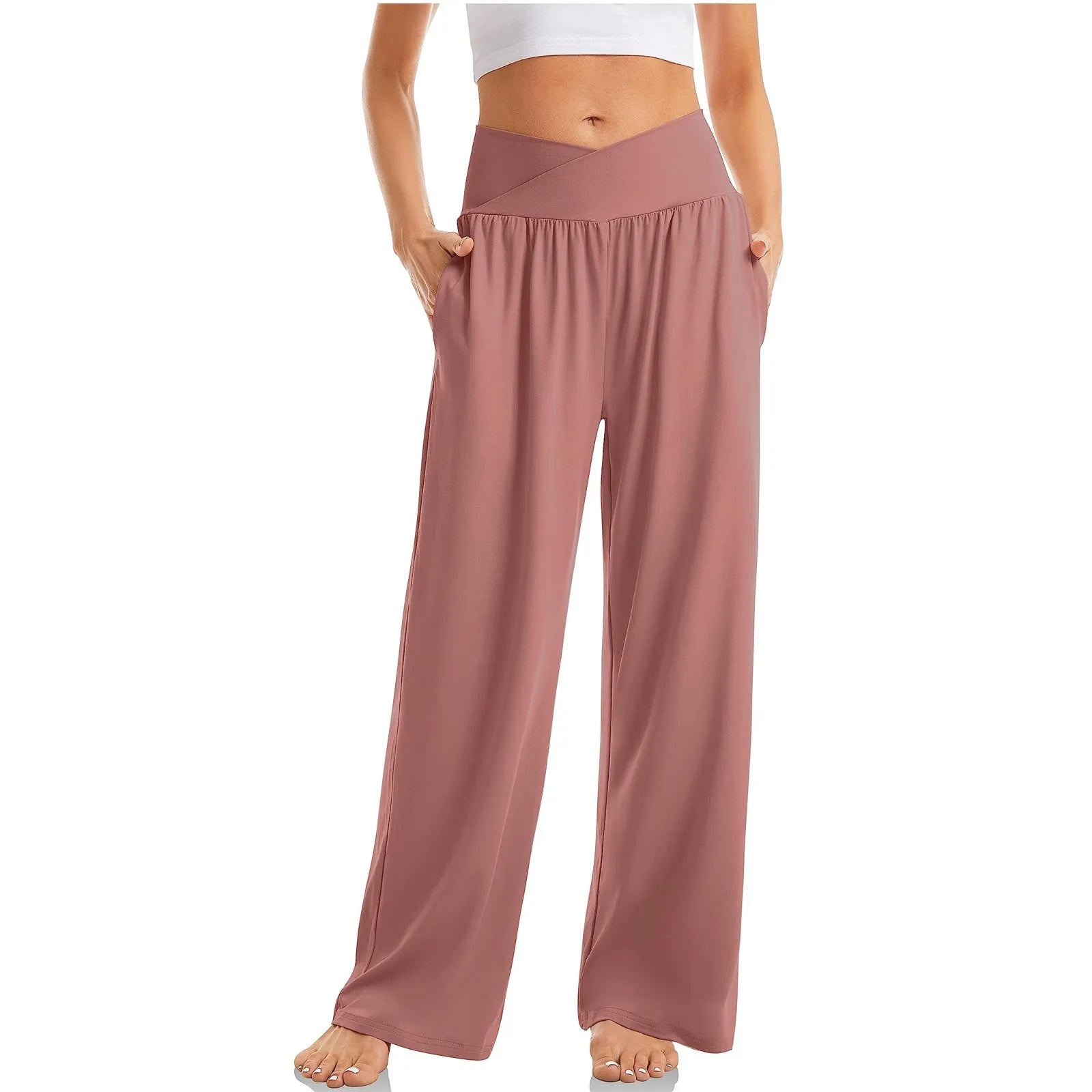 Women's Wide Leg Pants with Crossover Design Flattering Fit for