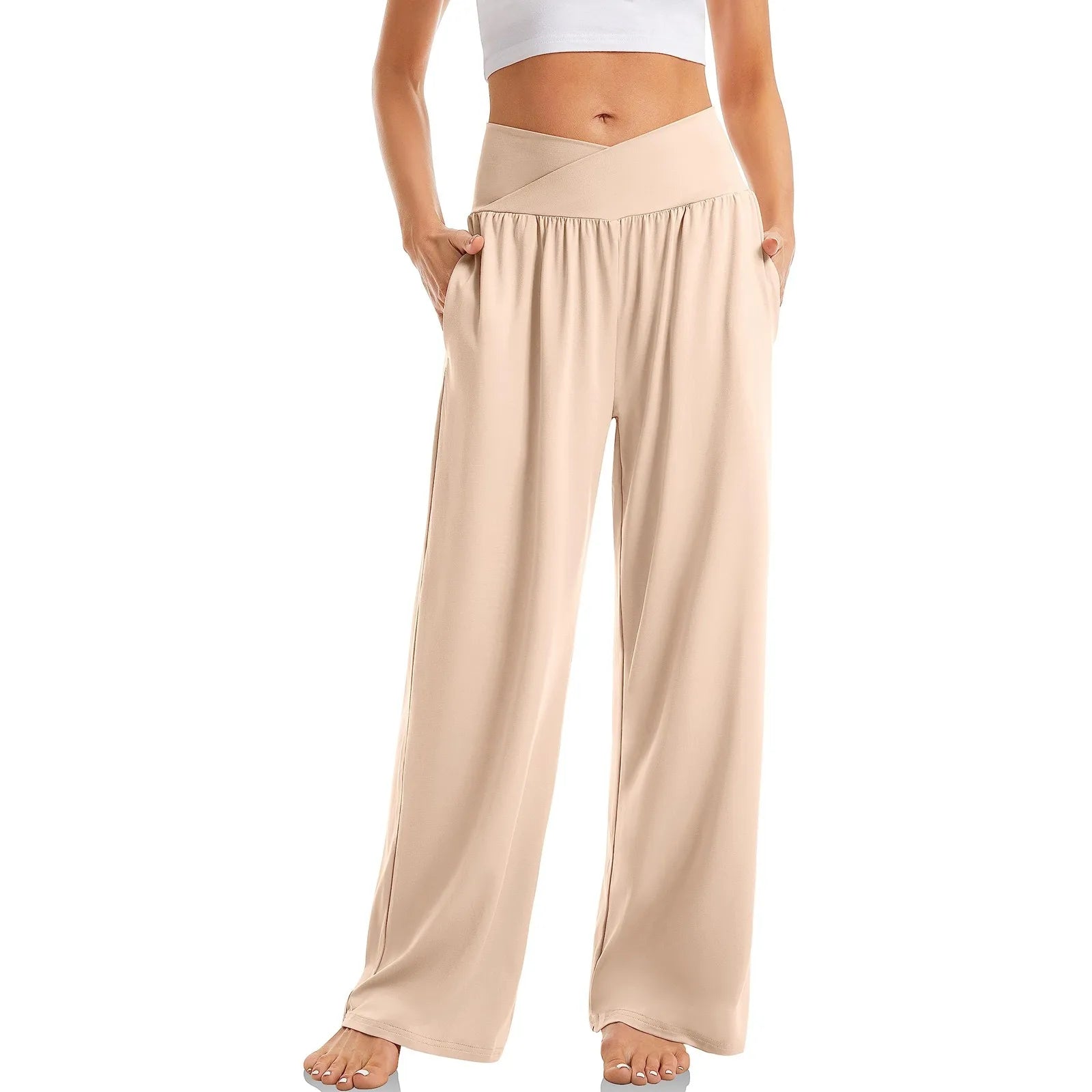 Women's Wide Leg Pants with Crossover Design Flattering Fit for