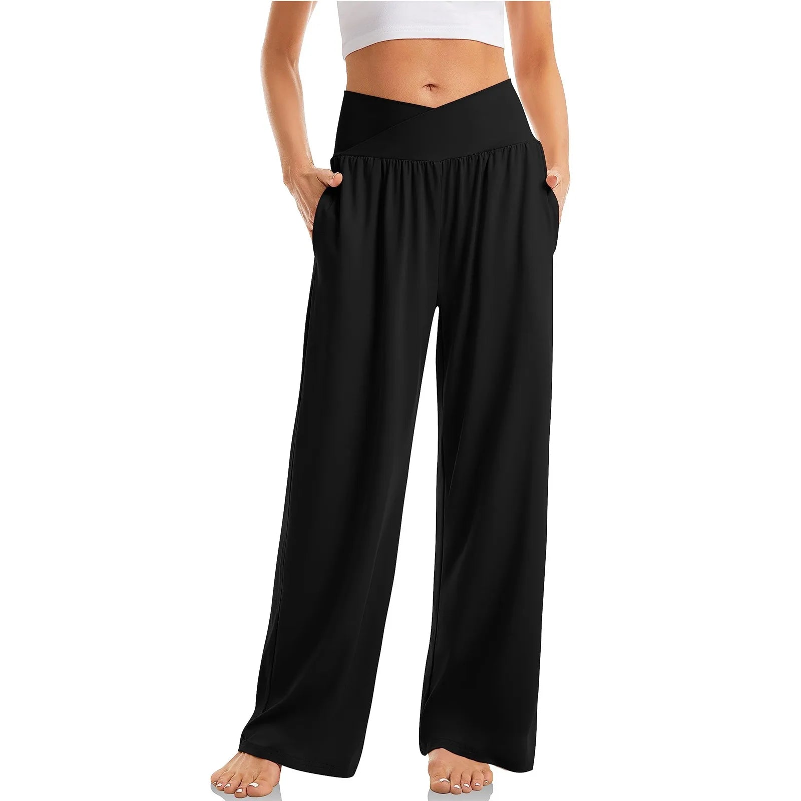 Women's Wide Leg Pants with Crossover Design Flattering Fit for