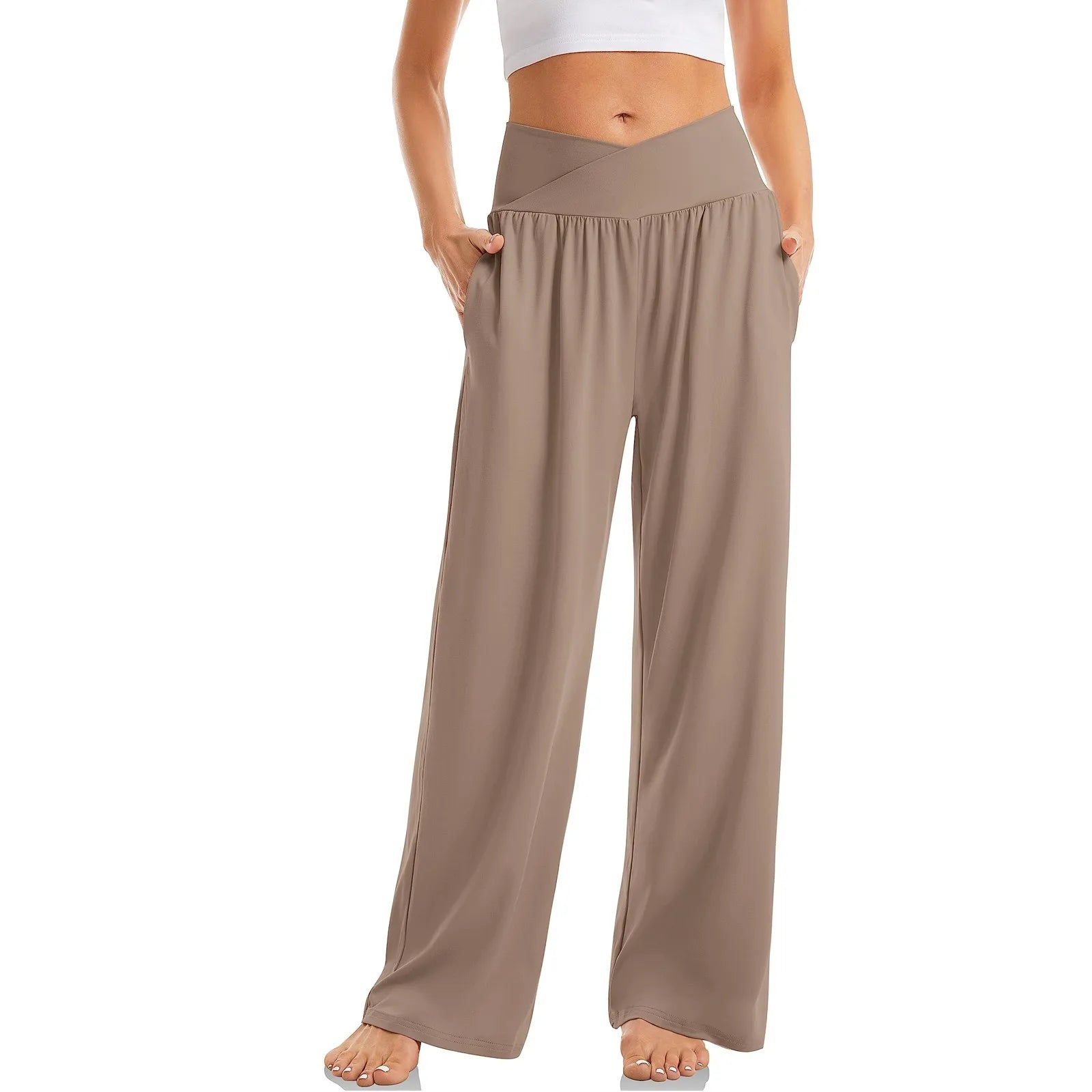 Women's Wide Leg Pants with Crossover Design Flattering Fit for