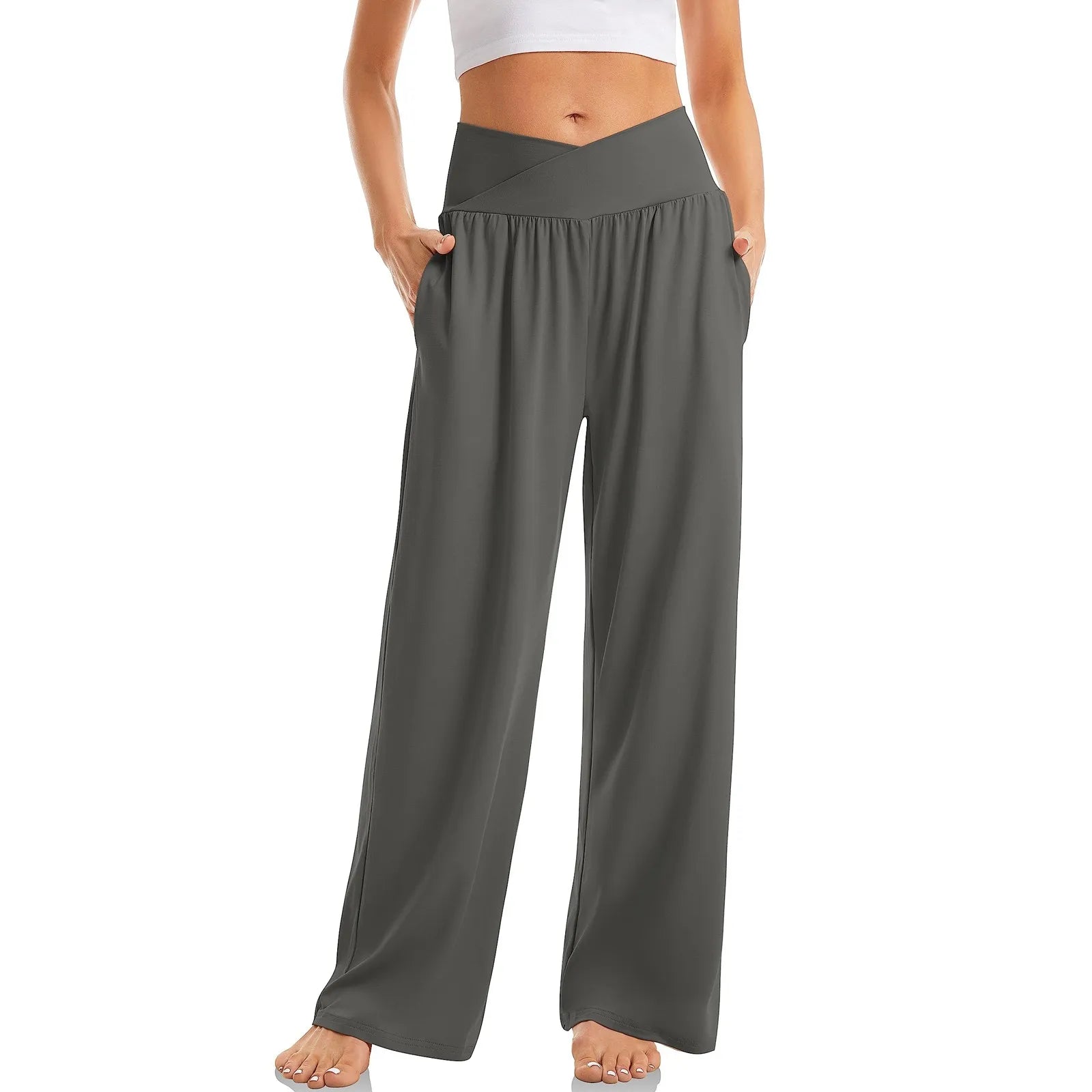 Women's Wide Leg Pants with Crossover Design Flattering Fit for