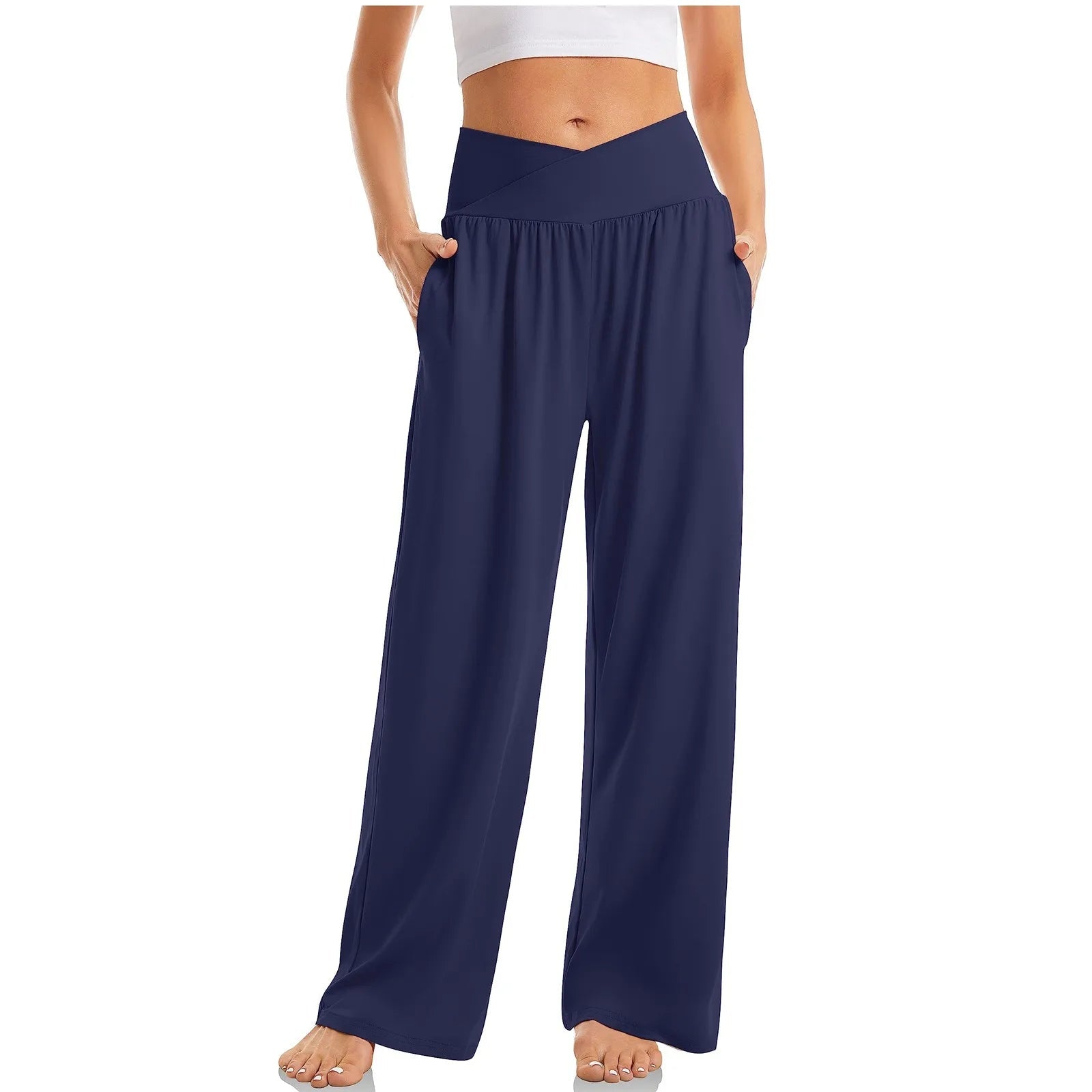 Women's Wide Leg Pants with Crossover Design Flattering Fit for