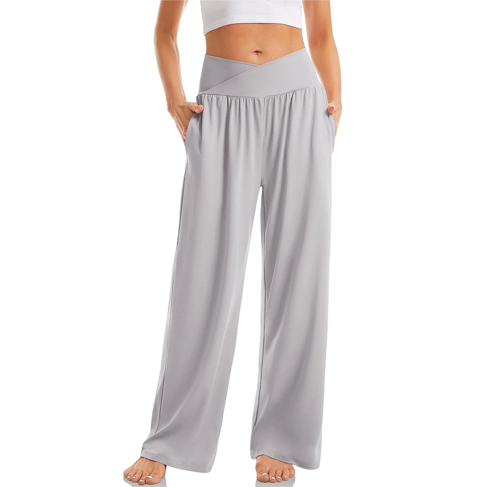 Women's Wide Leg Pants with Crossover Design Flattering Fit for